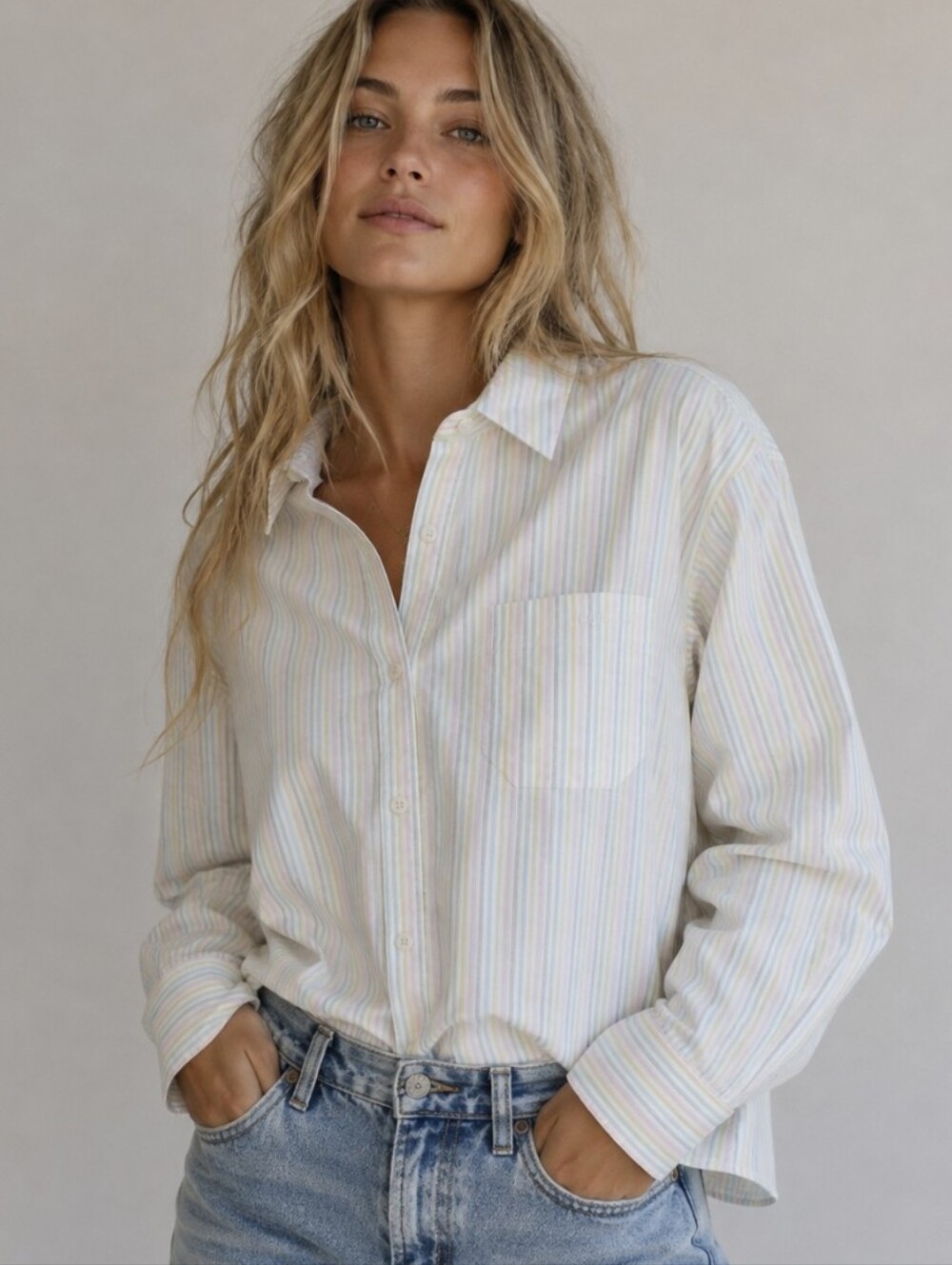 Djerf Avenue Breezy Shirt Rainbow Long Sleeve Boxy Oversized Organic Cotton Sz M